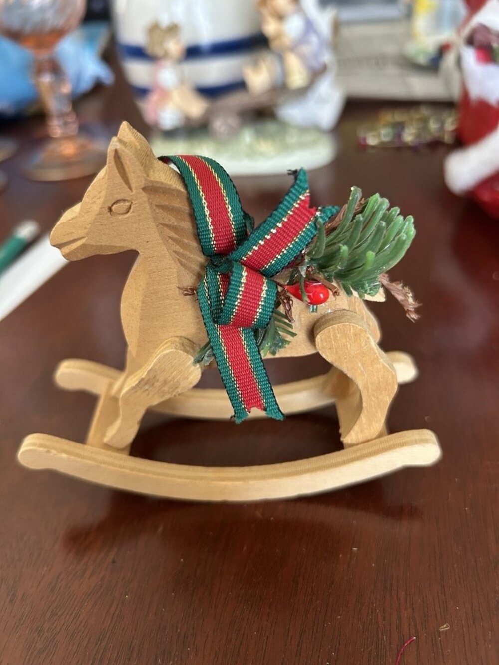 Wood Rocking Horse and Santa Ornaments Set of 2